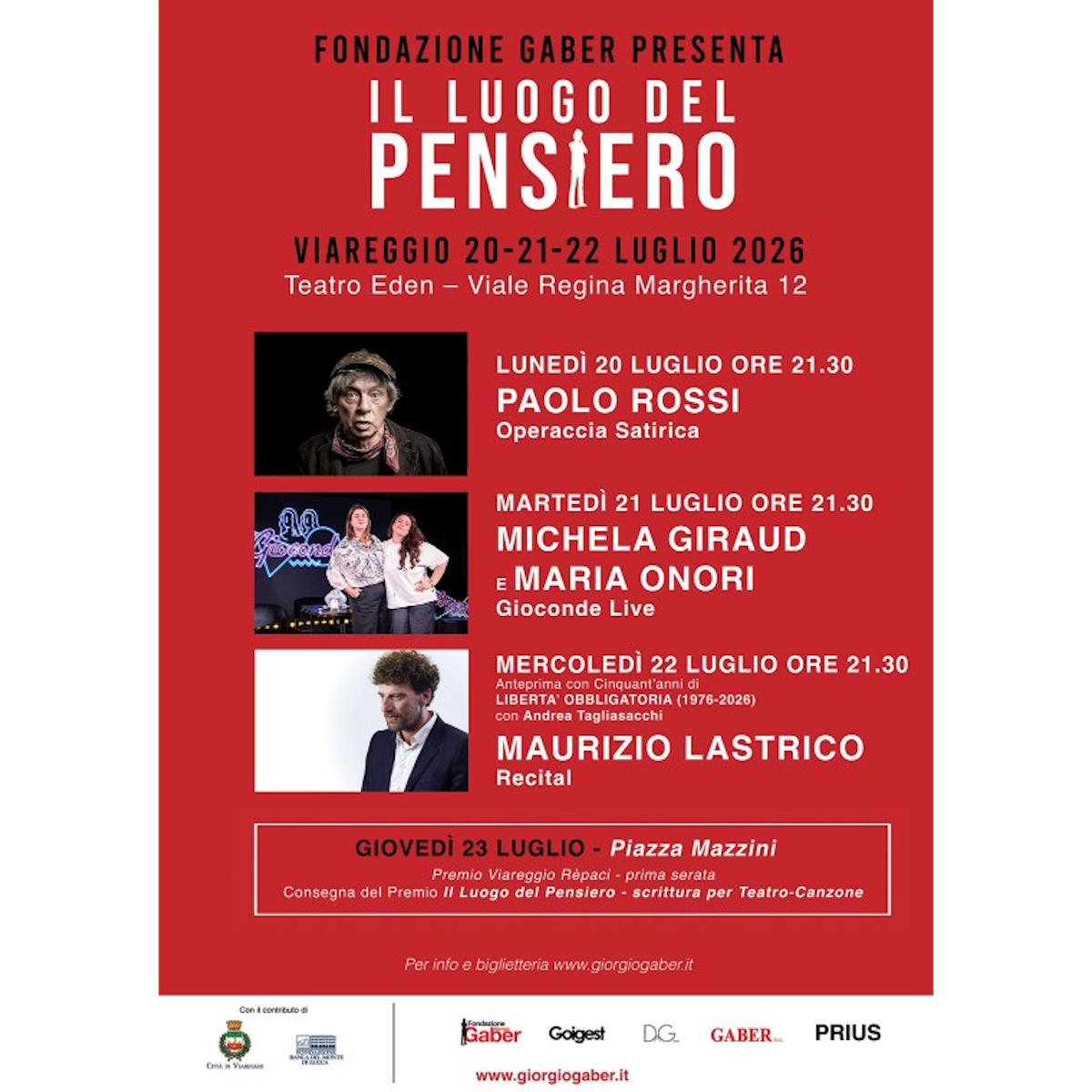 Il Teatro Eden celebra Giorgio Gaber: dal 20 al 23 luglio la quarta edizione de Il Luogo del Pensiero